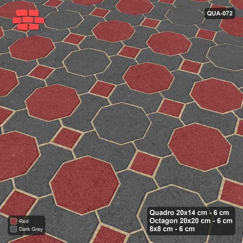 Interlock (Pasco) 20x14 cm · QUA-072 · Quadro-Octagon-8x8 grid, diagonal octagon tones, 22 deg (Rust & Charcoal), no kerb · Side view Interlock (Pasco) 20x14 cm · QUA-072 · Quadro-Octagon-8x8 grid, diagonal octagon tones, 22 deg (Rust & Charcoal), no kerb · Side view
