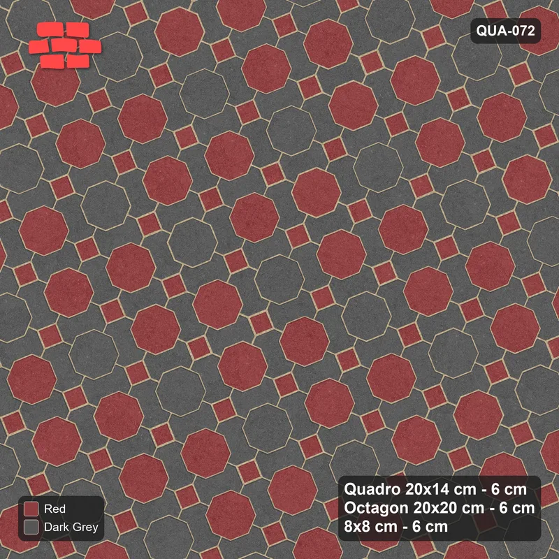Interlock (Pasco) 20x14 cm · QUA-072 · Quadro-Octagon-8x8 grid, diagonal octagon tones, 22 deg (Rust & Charcoal), no kerb · Top view Interlock (Pasco) 20x14 cm · QUA-072 · Quadro-Octagon-8x8 grid, diagonal octagon tones, 22 deg (Rust & Charcoal), no kerb · Top view