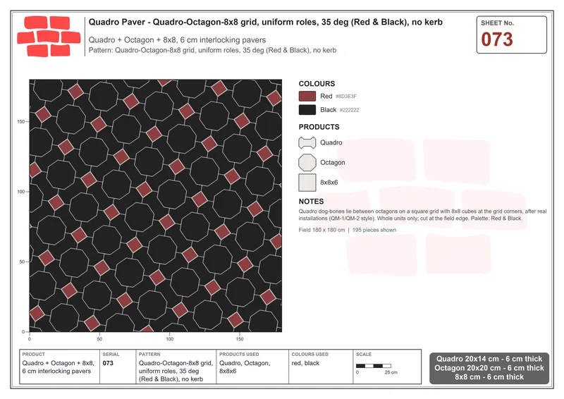 Interlock (Pasco) 20x14 cm · QUA-073 · Quadro-Octagon-8x8 grid, uniform roles, 35 deg (Red & Black), no kerb · Laying plan