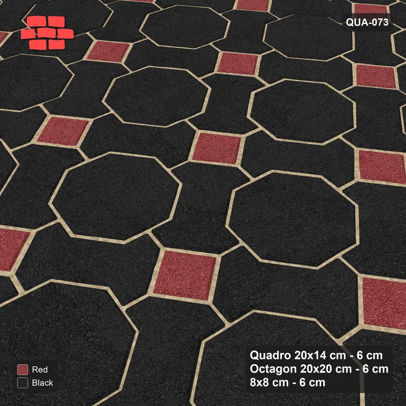 Interlock (Pasco) 20x14 cm · QUA-073 · Quadro-Octagon-8x8 grid, uniform roles, 35 deg (Red & Black), no kerb · Side view Interlock (Pasco) 20x14 cm · QUA-073 · Quadro-Octagon-8x8 grid, uniform roles, 35 deg (Red & Black), no kerb · Side view