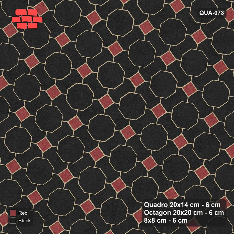 Interlock (Pasco) 20x14 cm · QUA-073 · Quadro-Octagon-8x8 grid, uniform roles, 35 deg (Red & Black), no kerb · Top view Interlock (Pasco) 20x14 cm · QUA-073 · Quadro-Octagon-8x8 grid, uniform roles, 35 deg (Red & Black), no kerb · Top view
