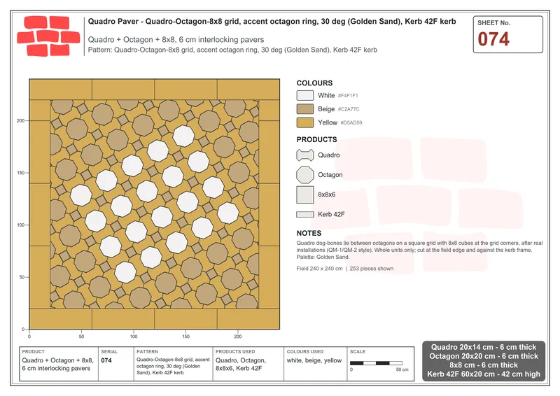 Interlock (Pasco) 20x14 cm · QUA-074 · Quadro-Octagon-8x8 grid, accent octagon ring, 30 deg (Golden Sand), Kerb 42F kerb · Laying plan