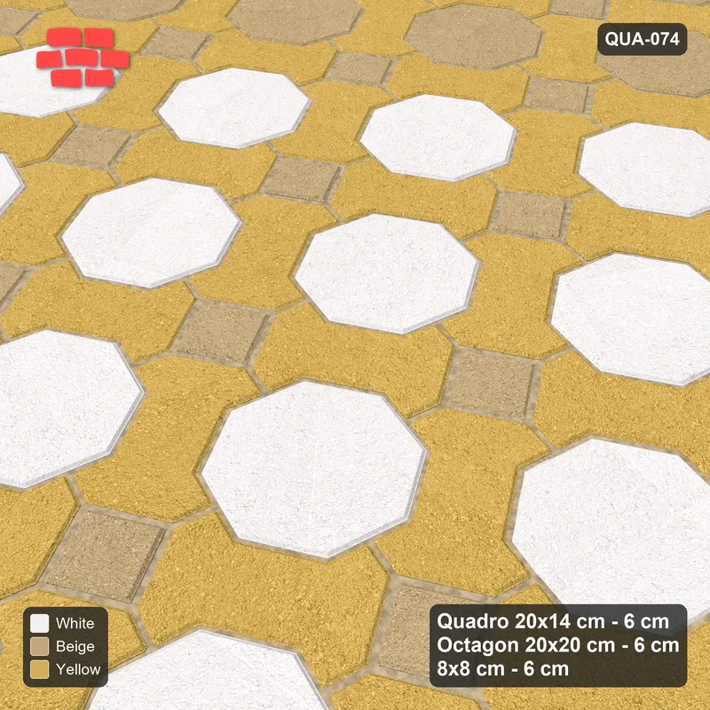 Interlock (Pasco) 20x14 cm · QUA-074 · Quadro-Octagon-8x8 grid, accent octagon ring, 30 deg (Golden Sand), Kerb 42F kerb · Side view Interlock (Pasco) 20x14 cm · QUA-074 · Quadro-Octagon-8x8 grid, accent octagon ring, 30 deg (Golden Sand), Kerb 42F kerb · Side view