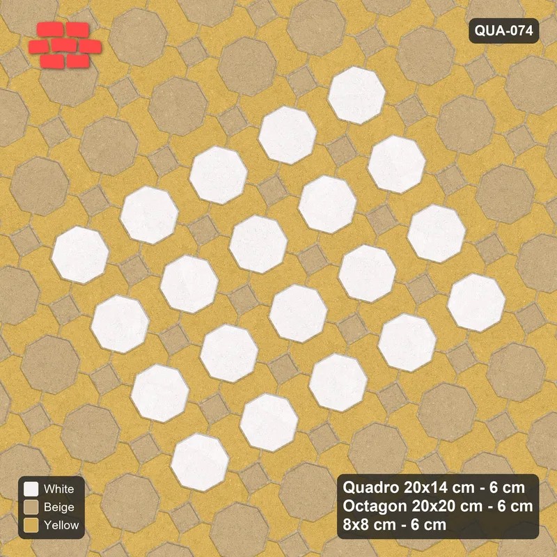 Interlock (Pasco) 20x14 cm · QUA-074 · Quadro-Octagon-8x8 grid, accent octagon ring, 30 deg (Golden Sand), Kerb 42F kerb · Top view Interlock (Pasco) 20x14 cm · QUA-074 · Quadro-Octagon-8x8 grid, accent octagon ring, 30 deg (Golden Sand), Kerb 42F kerb · Top view
