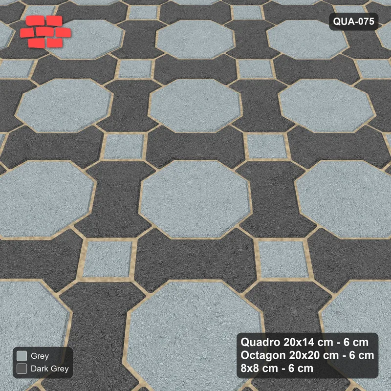 Interlock (Pasco) 20x14 cm · QUA-075 · Quadro-Octagon-8x8 grid, uniform roles, 45 deg (Charcoal Edge), Kerb 25B kerb · Side view Interlock (Pasco) 20x14 cm · QUA-075 · Quadro-Octagon-8x8 grid, uniform roles, 45 deg (Charcoal Edge), Kerb 25B kerb · Side view