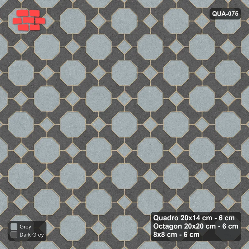 Interlock (Pasco) 20x14 cm · QUA-075 · Quadro-Octagon-8x8 grid, uniform roles, 45 deg (Charcoal Edge), Kerb 25B kerb · Top view Interlock (Pasco) 20x14 cm · QUA-075 · Quadro-Octagon-8x8 grid, uniform roles, 45 deg (Charcoal Edge), Kerb 25B kerb · Top view