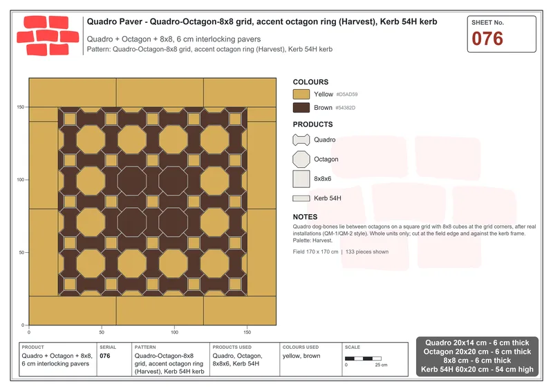 Interlock (Pasco) 20x14 cm · QUA-076 · Quadro-Octagon-8x8 grid, accent octagon ring (Harvest), Kerb 54H kerb · Laying plan