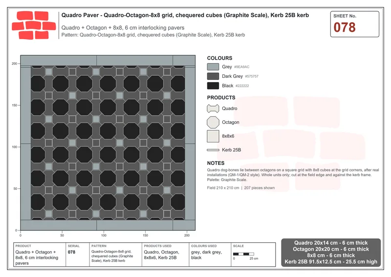 Interlock (Pasco) 20x14 cm · QUA-078 · Quadro-Octagon-8x8 grid, chequered cubes (Graphite Scale), Kerb 25B kerb · Laying plan