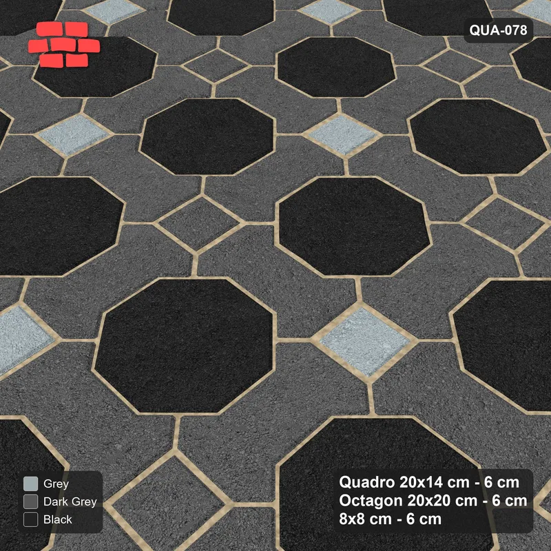 Interlock (Pasco) 20x14 cm · QUA-078 · Quadro-Octagon-8x8 grid, chequered cubes (Graphite Scale), Kerb 25B kerb · Side view Interlock (Pasco) 20x14 cm · QUA-078 · Quadro-Octagon-8x8 grid, chequered cubes (Graphite Scale), Kerb 25B kerb · Side view