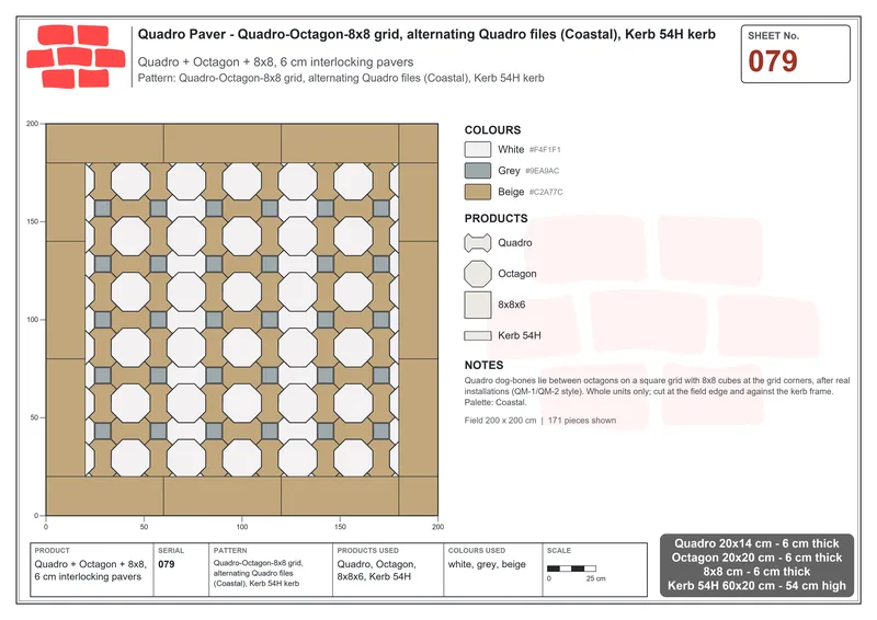 Interlock (Pasco) 20x14 cm · QUA-079 · Quadro-Octagon-8x8 grid, alternating Quadro files (Coastal), Kerb 54H kerb · Laying plan