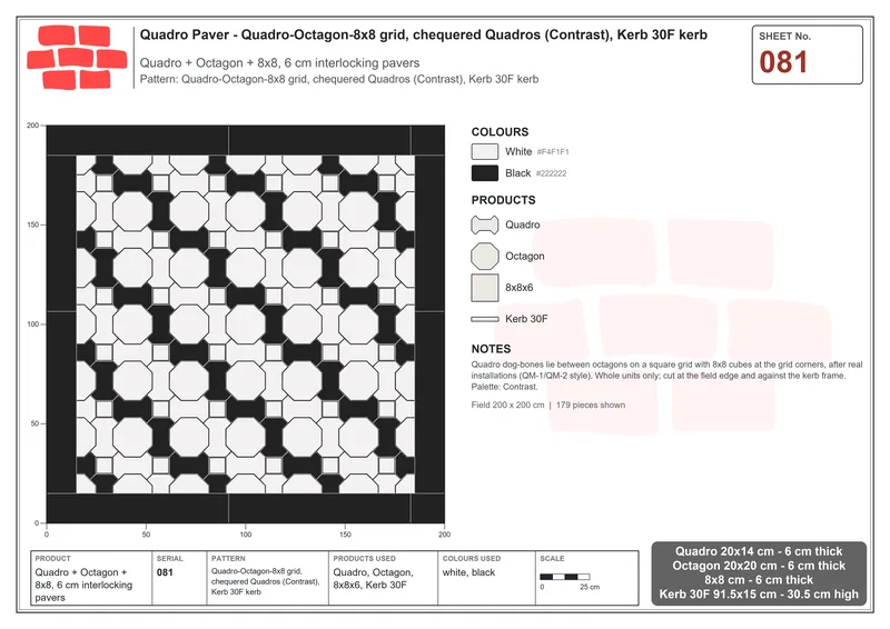 Interlock (Pasco) 20x14 cm · QUA-081 · Quadro-Octagon-8x8 grid, chequered Quadros (Contrast), Kerb 30F kerb · Laying plan