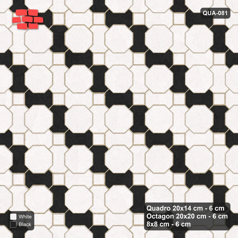 Interlock (Pasco) 20x14 cm · QUA-081 · Quadro-Octagon-8x8 grid, chequered Quadros (Contrast), Kerb 30F kerb · Top view Interlock (Pasco) 20x14 cm · QUA-081 · Quadro-Octagon-8x8 grid, chequered Quadros (Contrast), Kerb 30F kerb · Top view