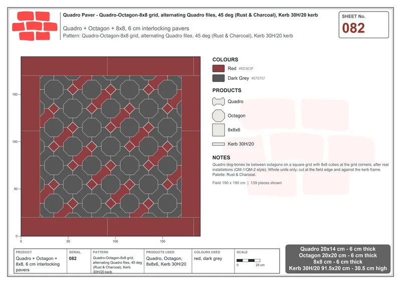 Interlock (Pasco) 20x14 cm · QUA-082 · Quadro-Octagon-8x8 grid, alternating Quadro files, 45 deg (Rust & Charcoal), Kerb 30H/20 kerb · Laying plan