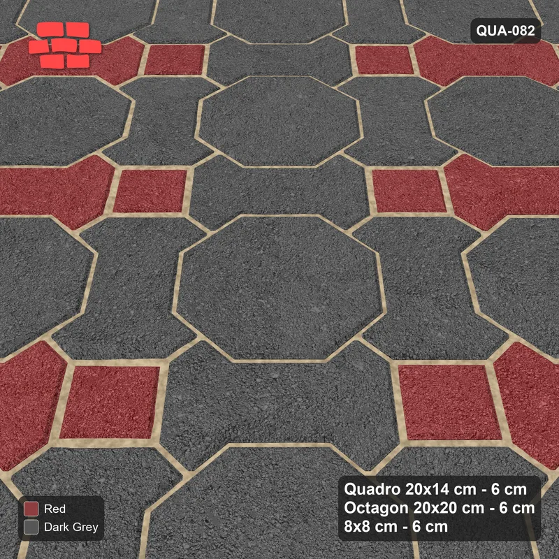 Interlock (Pasco) 20x14 cm · QUA-082 · Quadro-Octagon-8x8 grid, alternating Quadro files, 45 deg (Rust & Charcoal), Kerb 30H/20 kerb · Side view Interlock (Pasco) 20x14 cm · QUA-082 · Quadro-Octagon-8x8 grid, alternating Quadro files, 45 deg (Rust & Charcoal), Kerb 30H/20 kerb · Side view