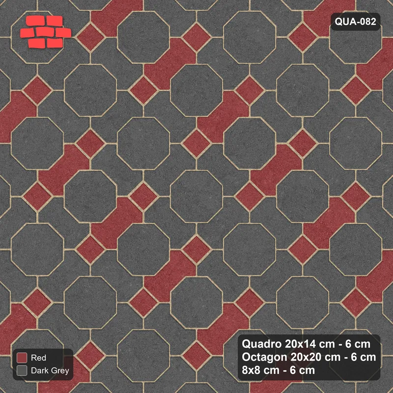 Interlock (Pasco) 20x14 cm · QUA-082 · Quadro-Octagon-8x8 grid, alternating Quadro files, 45 deg (Rust & Charcoal), Kerb 30H/20 kerb · Top view Interlock (Pasco) 20x14 cm · QUA-082 · Quadro-Octagon-8x8 grid, alternating Quadro files, 45 deg (Rust & Charcoal), Kerb 30H/20 kerb · Top view