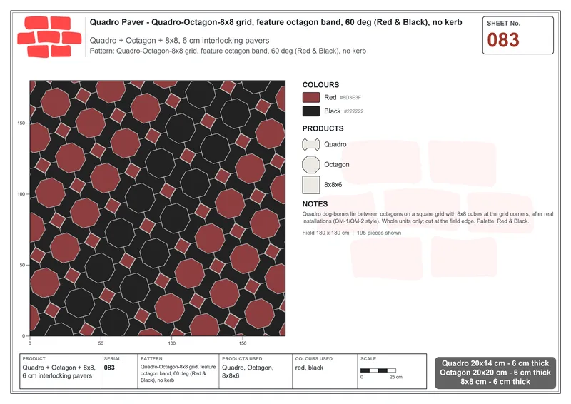 Interlock (Pasco) 20x14 cm · QUA-083 · Quadro-Octagon-8x8 grid, feature octagon band, 60 deg (Red & Black), no kerb · Laying plan