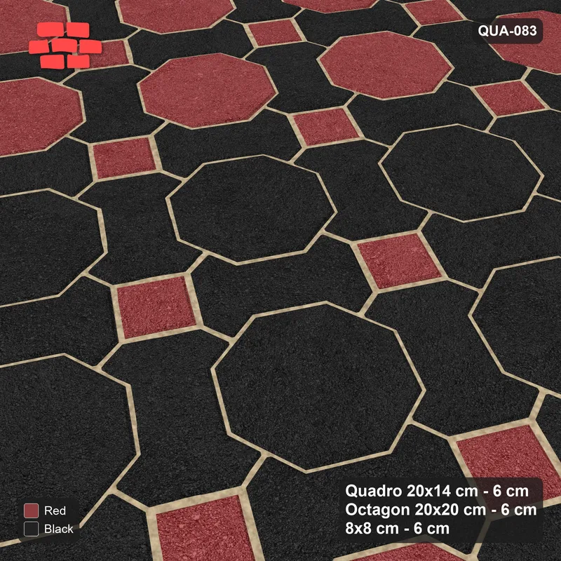 Interlock (Pasco) 20x14 cm · QUA-083 · Quadro-Octagon-8x8 grid, feature octagon band, 60 deg (Red & Black), no kerb · Side view Interlock (Pasco) 20x14 cm · QUA-083 · Quadro-Octagon-8x8 grid, feature octagon band, 60 deg (Red & Black), no kerb · Side view