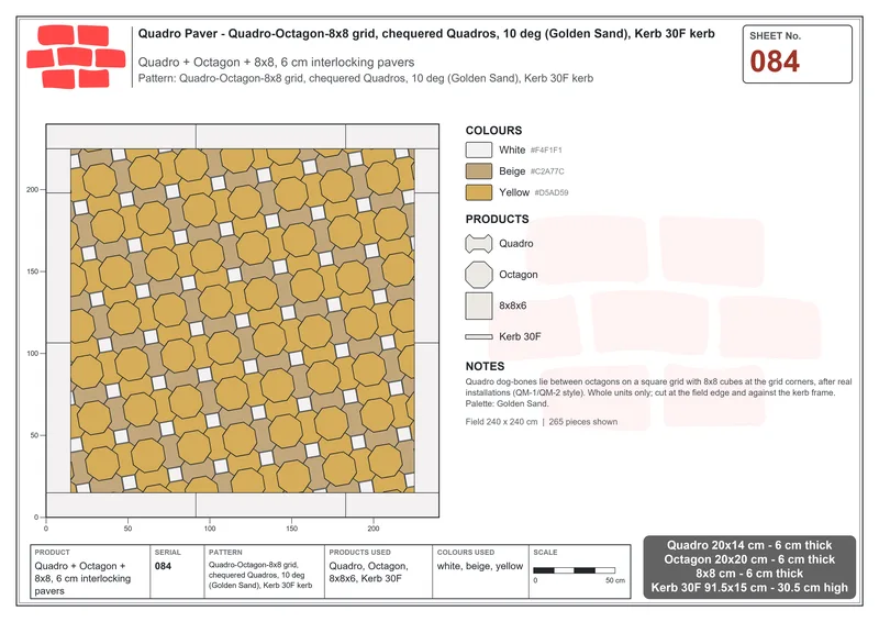Interlock (Pasco) 20x14 cm · QUA-084 · Quadro-Octagon-8x8 grid, chequered Quadros, 10 deg (Golden Sand), Kerb 30F kerb · Laying plan