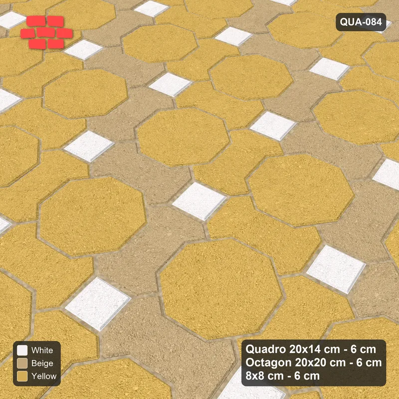Interlock (Pasco) 20x14 cm · QUA-084 · Quadro-Octagon-8x8 grid, chequered Quadros, 10 deg (Golden Sand), Kerb 30F kerb · Side view Interlock (Pasco) 20x14 cm · QUA-084 · Quadro-Octagon-8x8 grid, chequered Quadros, 10 deg (Golden Sand), Kerb 30F kerb · Side view