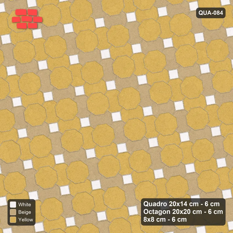 Interlock (Pasco) 20x14 cm · QUA-084 · Quadro-Octagon-8x8 grid, chequered Quadros, 10 deg (Golden Sand), Kerb 30F kerb · Top view Interlock (Pasco) 20x14 cm · QUA-084 · Quadro-Octagon-8x8 grid, chequered Quadros, 10 deg (Golden Sand), Kerb 30F kerb · Top view