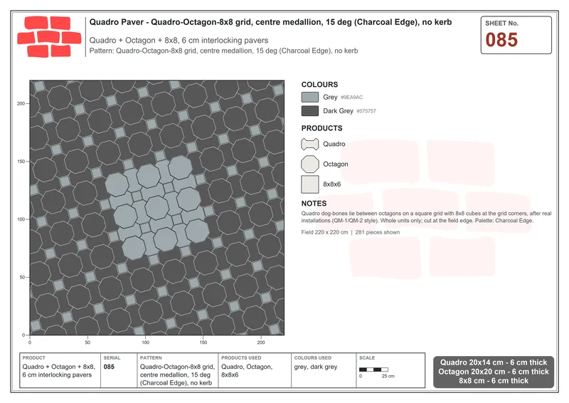 Interlock (Pasco) 20x14 cm · QUA-085 · Quadro-Octagon-8x8 grid, centre medallion, 15 deg (Charcoal Edge), no kerb · Laying plan