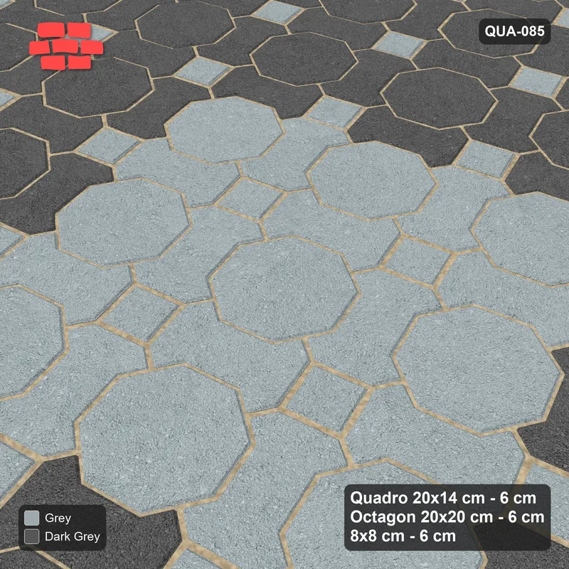 Interlock (Pasco) 20x14 cm · QUA-085 · Quadro-Octagon-8x8 grid, centre medallion, 15 deg (Charcoal Edge), no kerb · Side view Interlock (Pasco) 20x14 cm · QUA-085 · Quadro-Octagon-8x8 grid, centre medallion, 15 deg (Charcoal Edge), no kerb · Side view