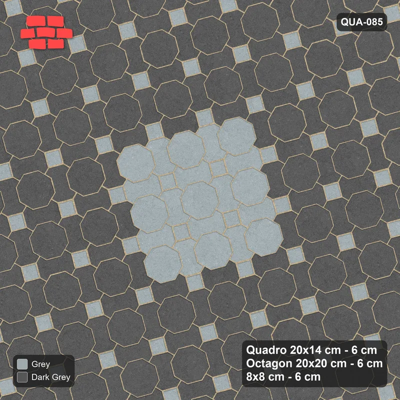 Interlock (Pasco) 20x14 cm · QUA-085 · Quadro-Octagon-8x8 grid, centre medallion, 15 deg (Charcoal Edge), no kerb · Top view Interlock (Pasco) 20x14 cm · QUA-085 · Quadro-Octagon-8x8 grid, centre medallion, 15 deg (Charcoal Edge), no kerb · Top view