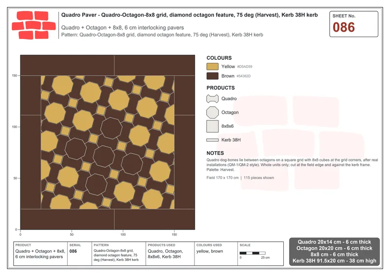 Interlock (Pasco) 20x14 cm · QUA-086 · Quadro-Octagon-8x8 grid, diamond octagon feature, 75 deg (Harvest), Kerb 38H kerb · Laying plan