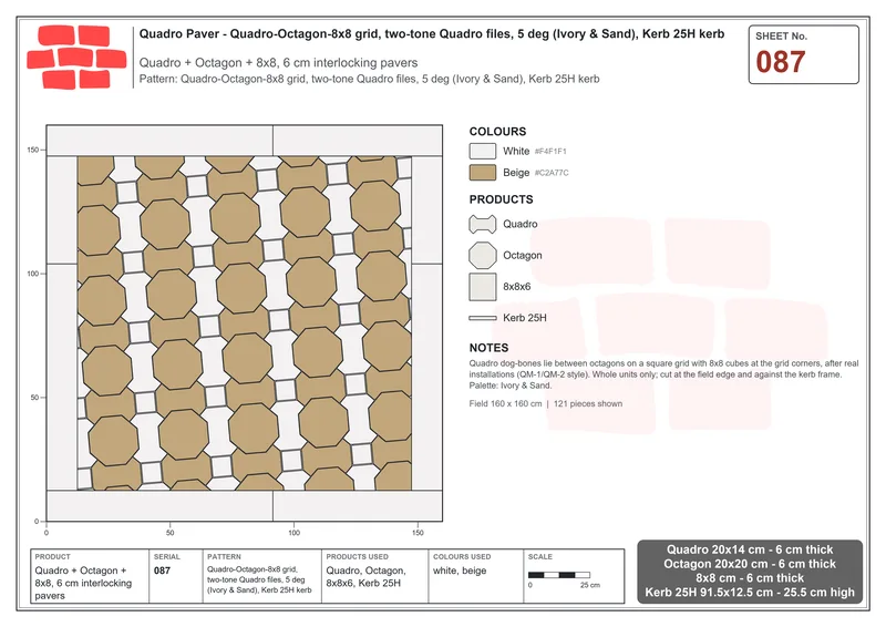 Interlock (Pasco) 20x14 cm · QUA-087 · Quadro-Octagon-8x8 grid, two-tone Quadro files, 5 deg (Ivory & Sand), Kerb 25H kerb · Laying plan