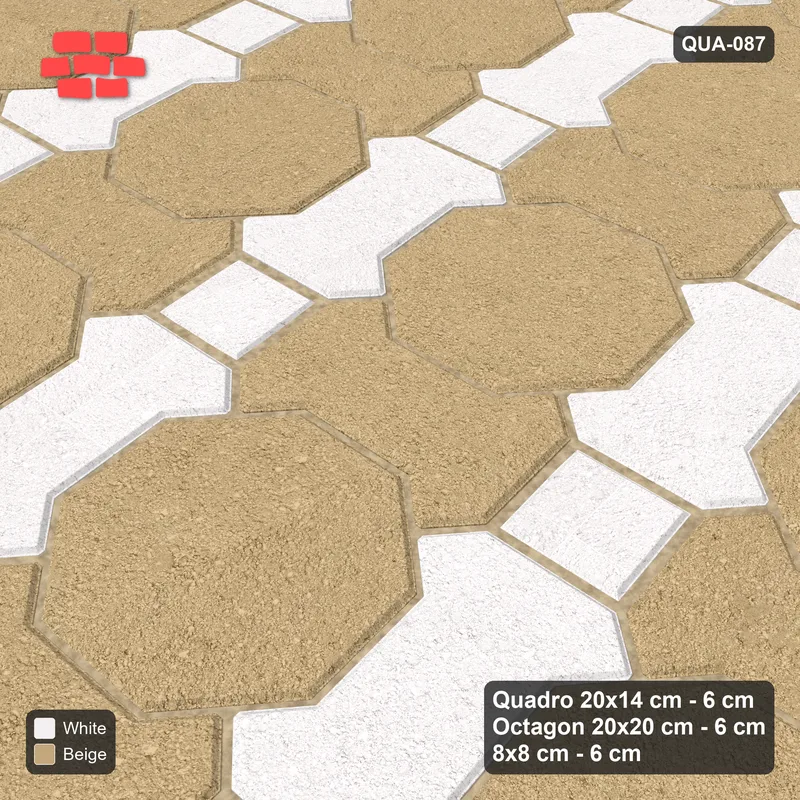 Interlock (Pasco) 20x14 cm · QUA-087 · Quadro-Octagon-8x8 grid, two-tone Quadro files, 5 deg (Ivory & Sand), Kerb 25H kerb · Side view Interlock (Pasco) 20x14 cm · QUA-087 · Quadro-Octagon-8x8 grid, two-tone Quadro files, 5 deg (Ivory & Sand), Kerb 25H kerb · Side view