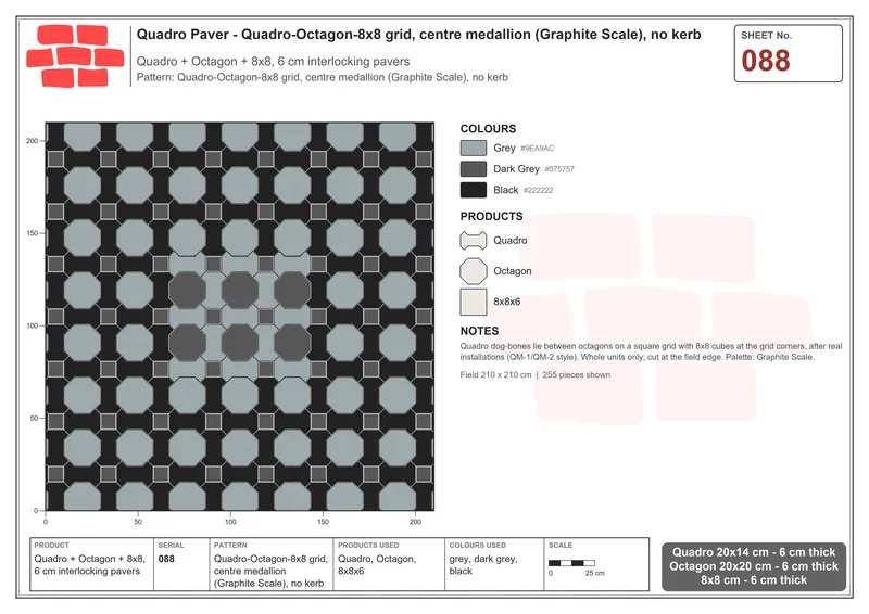 Interlock (Pasco) 20x14 cm · QUA-088 · Quadro-Octagon-8x8 grid, centre medallion (Graphite Scale), no kerb · Laying plan