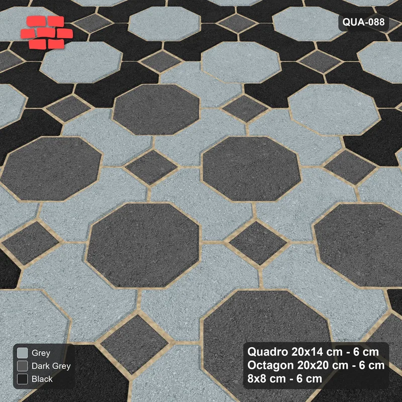 Interlock (Pasco) 20x14 cm · QUA-088 · Quadro-Octagon-8x8 grid, centre medallion (Graphite Scale), no kerb · Side view Interlock (Pasco) 20x14 cm · QUA-088 · Quadro-Octagon-8x8 grid, centre medallion (Graphite Scale), no kerb · Side view