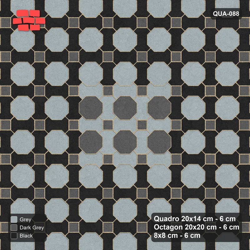 Interlock (Pasco) 20x14 cm · QUA-088 · Quadro-Octagon-8x8 grid, centre medallion (Graphite Scale), no kerb · Top view Interlock (Pasco) 20x14 cm · QUA-088 · Quadro-Octagon-8x8 grid, centre medallion (Graphite Scale), no kerb · Top view