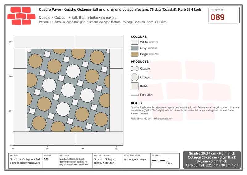 Interlock (Pasco) 20x14 cm · QUA-089 · Quadro-Octagon-8x8 grid, diamond octagon feature, 75 deg (Coastal), Kerb 38H kerb · Laying plan