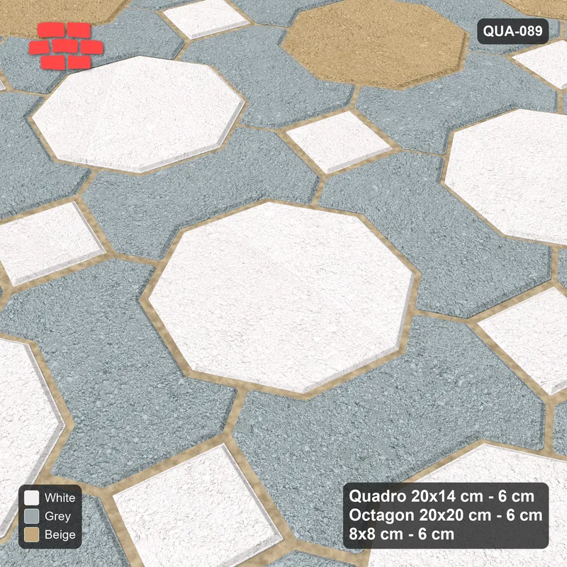 Interlock (Pasco) 20x14 cm · QUA-089 · Quadro-Octagon-8x8 grid, diamond octagon feature, 75 deg (Coastal), Kerb 38H kerb · Side view Interlock (Pasco) 20x14 cm · QUA-089 · Quadro-Octagon-8x8 grid, diamond octagon feature, 75 deg (Coastal), Kerb 38H kerb · Side view