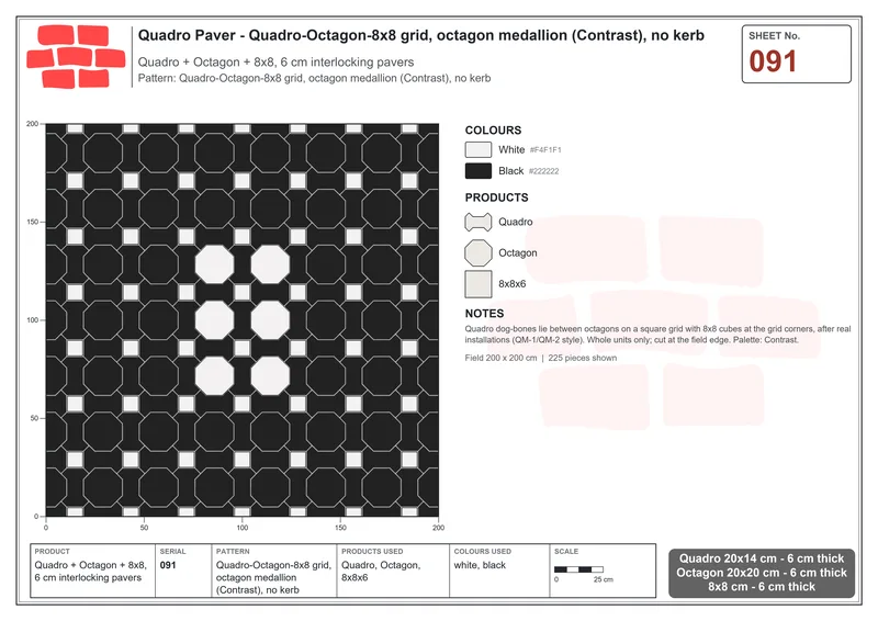 Interlock (Pasco) 20x14 cm · QUA-091 · Quadro-Octagon-8x8 grid, octagon medallion (Contrast), no kerb · Laying plan