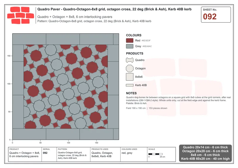 Interlock (Pasco) 20x14 cm · QUA-092 · Quadro-Octagon-8x8 grid, octagon cross, 22 deg (Brick & Ash), Kerb 40B kerb · Laying plan