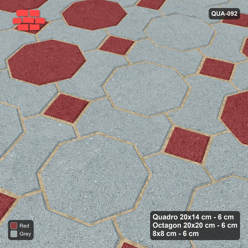 Interlock (Pasco) 20x14 cm · QUA-092 · Quadro-Octagon-8x8 grid, octagon cross, 22 deg (Brick & Ash), Kerb 40B kerb · Side view Interlock (Pasco) 20x14 cm · QUA-092 · Quadro-Octagon-8x8 grid, octagon cross, 22 deg (Brick & Ash), Kerb 40B kerb · Side view