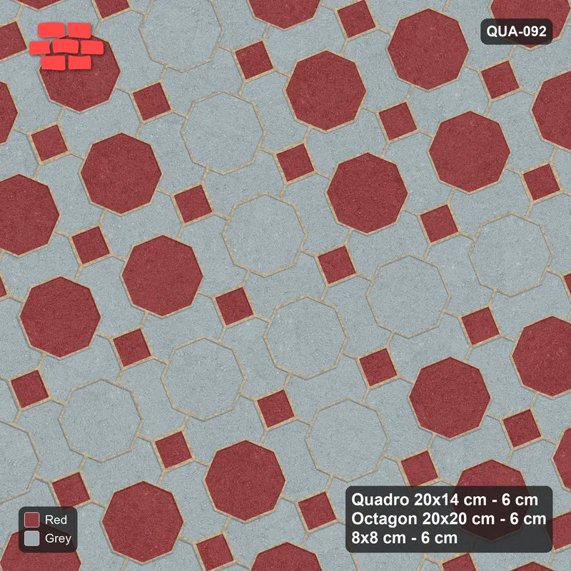 Interlock (Pasco) 20x14 cm · QUA-092 · Quadro-Octagon-8x8 grid, octagon cross, 22 deg (Brick & Ash), Kerb 40B kerb · Top view Interlock (Pasco) 20x14 cm · QUA-092 · Quadro-Octagon-8x8 grid, octagon cross, 22 deg (Brick & Ash), Kerb 40B kerb · Top view