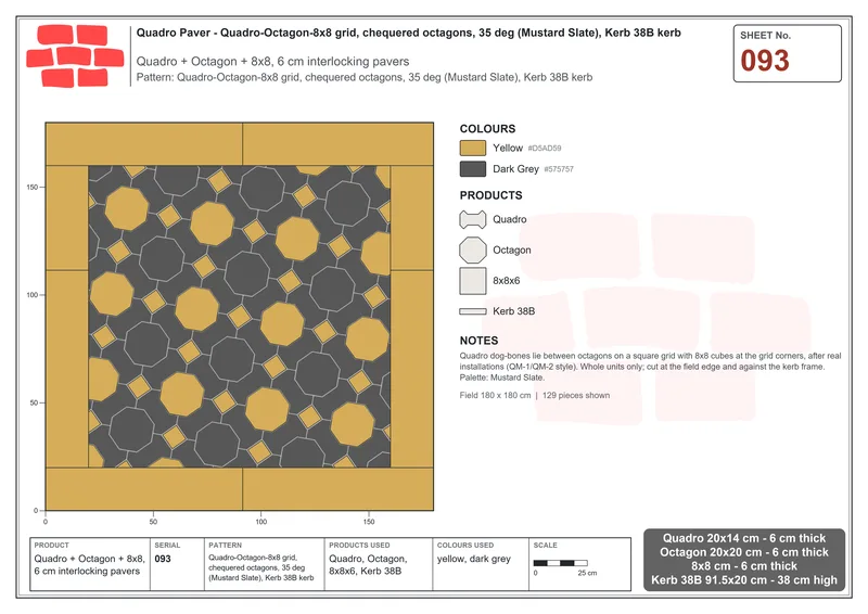 Interlock (Pasco) 20x14 cm · QUA-093 · Quadro-Octagon-8x8 grid, chequered octagons, 35 deg (Mustard Slate), Kerb 38B kerb · Laying plan