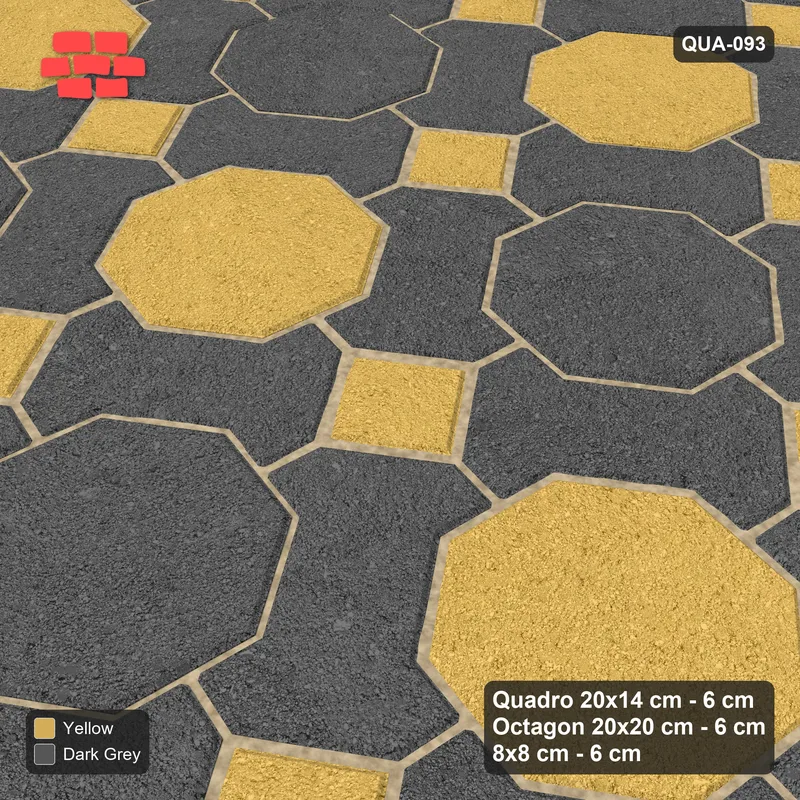 Interlock (Pasco) 20x14 cm · QUA-093 · Quadro-Octagon-8x8 grid, chequered octagons, 35 deg (Mustard Slate), Kerb 38B kerb · Side view Interlock (Pasco) 20x14 cm · QUA-093 · Quadro-Octagon-8x8 grid, chequered octagons, 35 deg (Mustard Slate), Kerb 38B kerb · Side view