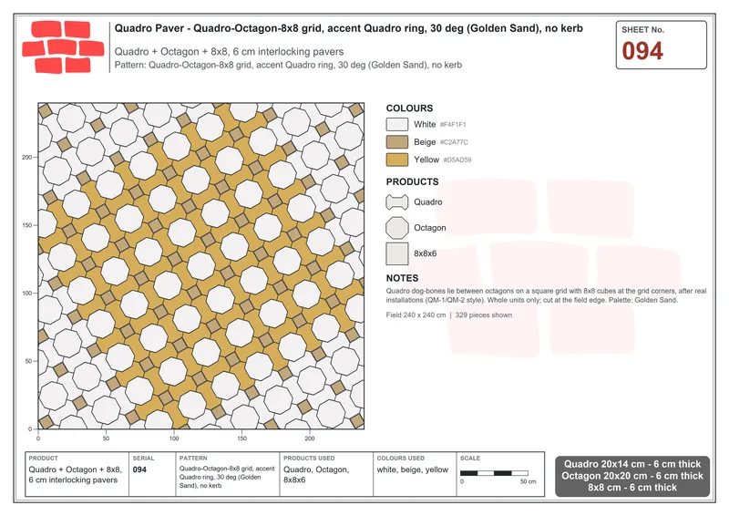 Interlock (Pasco) 20x14 cm · QUA-094 · Quadro-Octagon-8x8 grid, accent Quadro ring, 30 deg (Golden Sand), no kerb · Laying plan