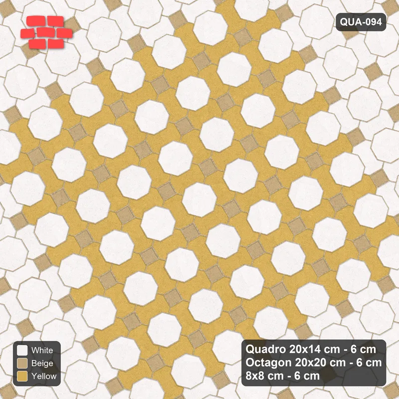 Interlock (Pasco) 20x14 cm · QUA-094 · Quadro-Octagon-8x8 grid, accent Quadro ring, 30 deg (Golden Sand), no kerb · Top view Interlock (Pasco) 20x14 cm · QUA-094 · Quadro-Octagon-8x8 grid, accent Quadro ring, 30 deg (Golden Sand), no kerb · Top view