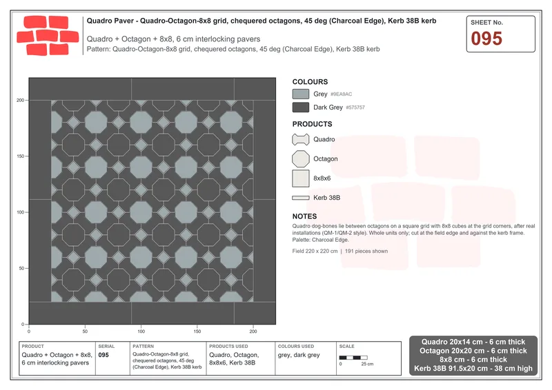 Interlock (Pasco) 20x14 cm · QUA-095 · Quadro-Octagon-8x8 grid, chequered octagons, 45 deg (Charcoal Edge), Kerb 38B kerb · Laying plan