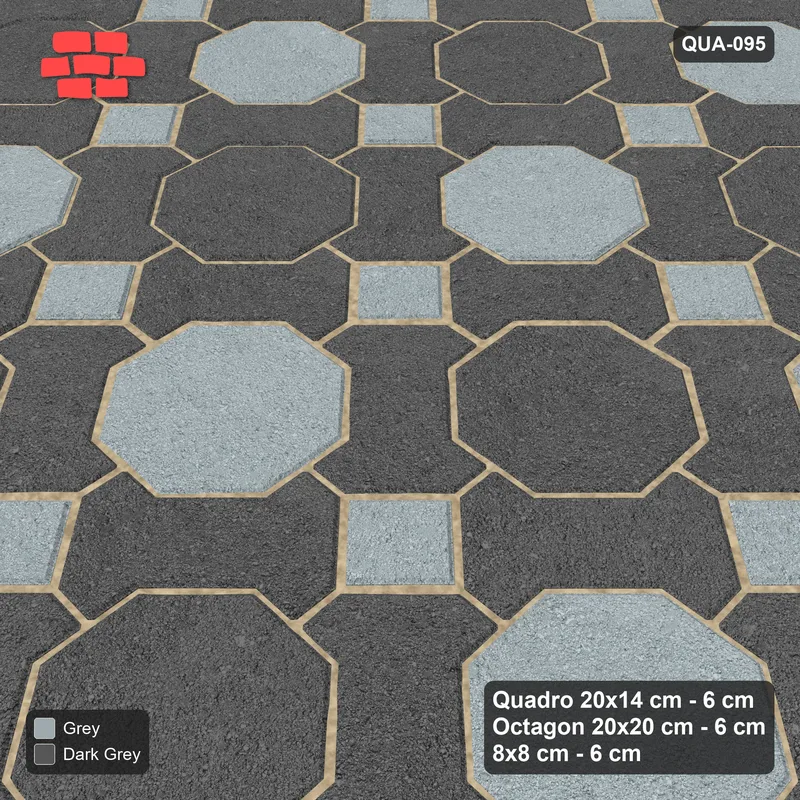 Interlock (Pasco) 20x14 cm · QUA-095 · Quadro-Octagon-8x8 grid, chequered octagons, 45 deg (Charcoal Edge), Kerb 38B kerb · Side view Interlock (Pasco) 20x14 cm · QUA-095 · Quadro-Octagon-8x8 grid, chequered octagons, 45 deg (Charcoal Edge), Kerb 38B kerb · Side view