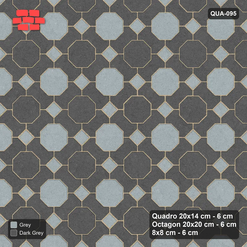 Interlock (Pasco) 20x14 cm · QUA-095 · Quadro-Octagon-8x8 grid, chequered octagons, 45 deg (Charcoal Edge), Kerb 38B kerb · Top view Interlock (Pasco) 20x14 cm · QUA-095 · Quadro-Octagon-8x8 grid, chequered octagons, 45 deg (Charcoal Edge), Kerb 38B kerb · Top view