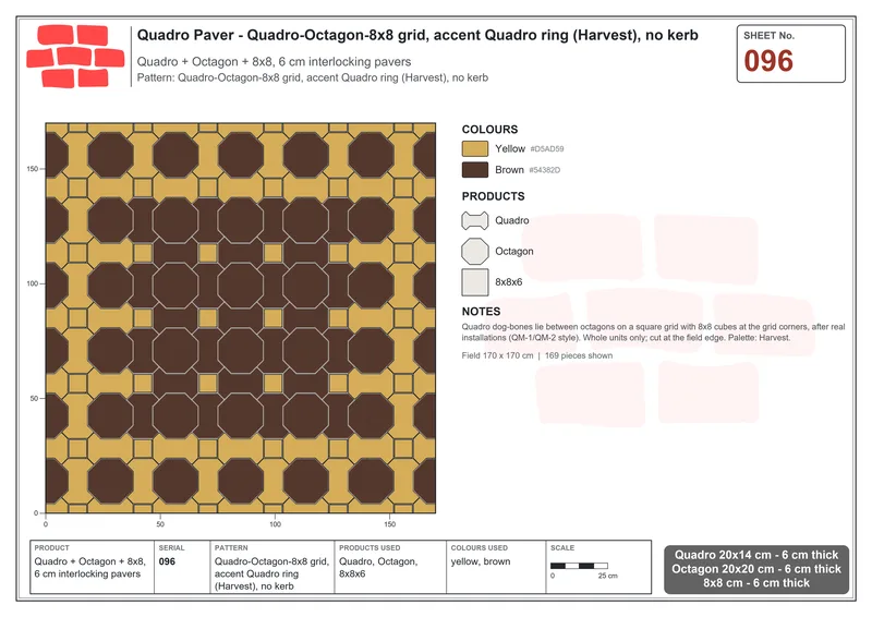 Interlock (Pasco) 20x14 cm · QUA-096 · Quadro-Octagon-8x8 grid, accent Quadro ring (Harvest), no kerb · Laying plan