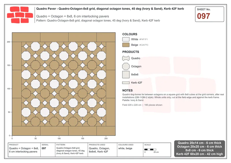 Interlock (Pasco) 20x14 cm · QUA-097 · Quadro-Octagon-8x8 grid, diagonal octagon tones, 45 deg (Ivory & Sand), Kerb 42F kerb · Laying plan