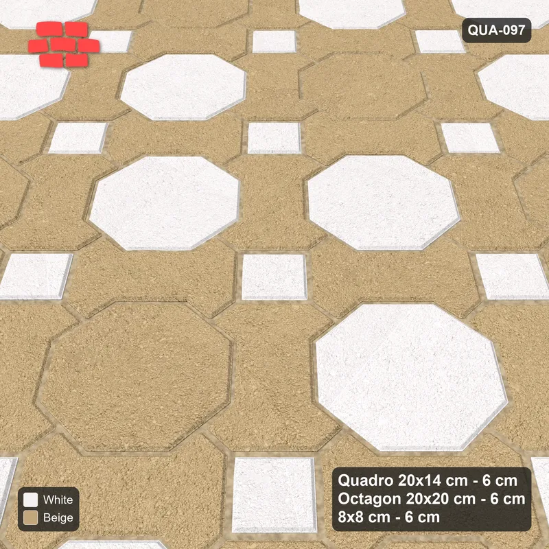Interlock (Pasco) 20x14 cm · QUA-097 · Quadro-Octagon-8x8 grid, diagonal octagon tones, 45 deg (Ivory & Sand), Kerb 42F kerb · Side view Interlock (Pasco) 20x14 cm · QUA-097 · Quadro-Octagon-8x8 grid, diagonal octagon tones, 45 deg (Ivory & Sand), Kerb 42F kerb · Side view