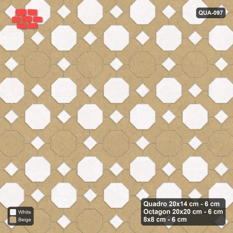 Interlock (Pasco) 20x14 cm · QUA-097 · Quadro-Octagon-8x8 grid, diagonal octagon tones, 45 deg (Ivory & Sand), Kerb 42F kerb · Top view Interlock (Pasco) 20x14 cm · QUA-097 · Quadro-Octagon-8x8 grid, diagonal octagon tones, 45 deg (Ivory & Sand), Kerb 42F kerb · Top view